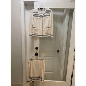 St. John Skirt Suit Set Womens 8 Jacket 10 Skirt Ivory Black Fringe Striped